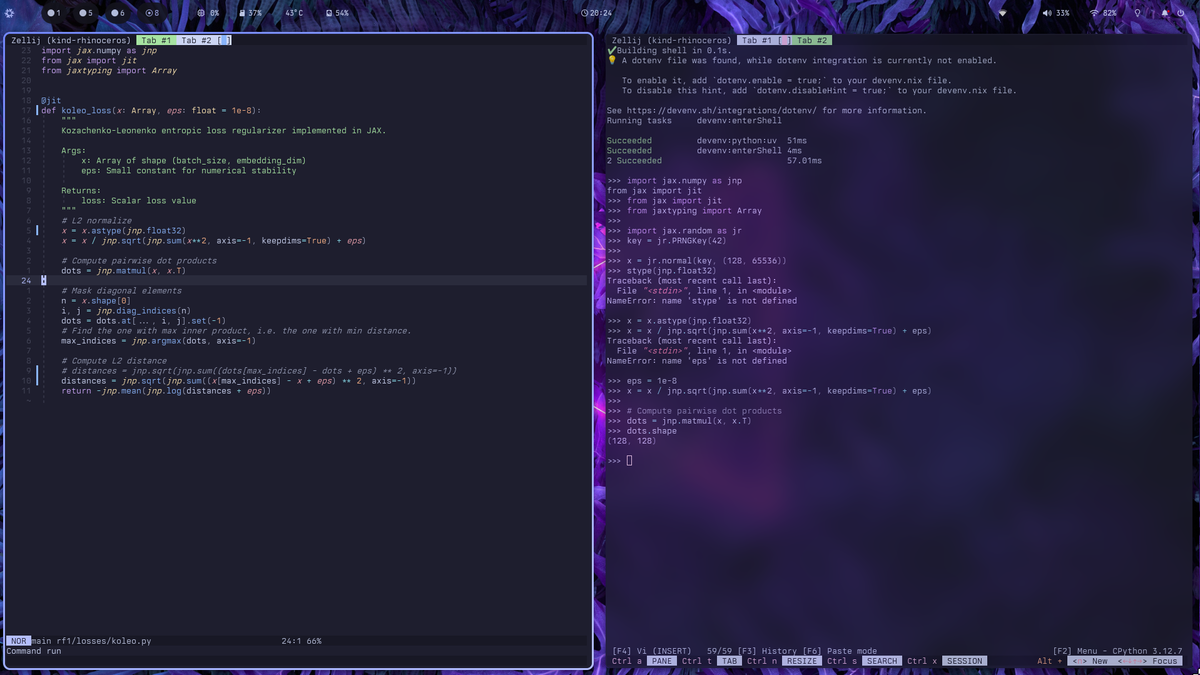 Screenshot showing Helix editor on the left with Python code and a REPL session running in a separate window on the right, demonstrating multi-window REPL-driven development